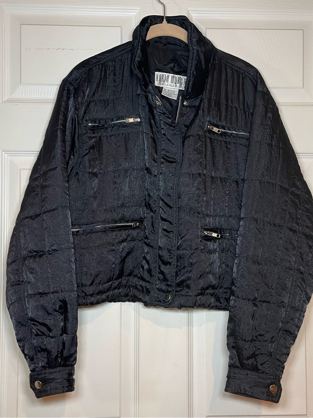 Vintage Karin Morgan Black Quilted Utility Cropped Puffer Jacket Y2K Women's L